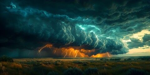 Fototapeta premium A breathtaking view of a stormy landscape with dark, swirling clouds and bright lightning illuminating the sky. The golden hues of sunset contrast beautifully with the ominous weather.
