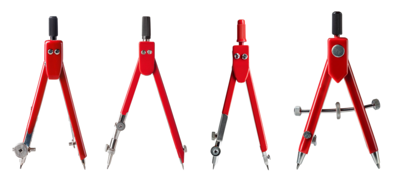 Set of red drawing compasses on a white background, ideal for design and architecture projects.