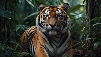 Obraz premium Tiger in a dense forest, surrounded by green leaves