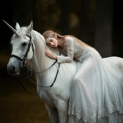 Beautiful young elf with a unicorn, angel is wearing an incredible light white dress, ice queen lies on the horse sleeping beauty cold winter