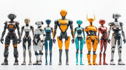 Obraz premium Group of modern AI robots with humanoid features isolated against a white background