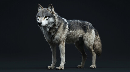 Obraz premium Realistic Gray Wolf Standing Against Dark Background.