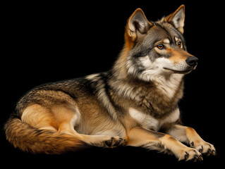 Obraz premium Gray Wolf Lying Down Against Black Background.
