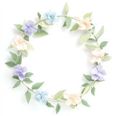 A pastel-colored floral wreath with greenery on solid white background, single object