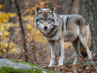 Obraz premium Wolf standing in autumn forest with fallen leaves and yellow foliage.