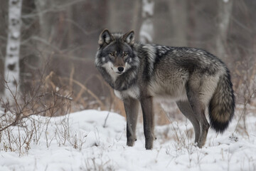 Dark-coated wolf standing in snowy forest during winter.