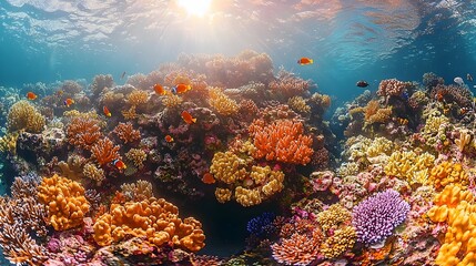 Naklejka premium A vibrant underwater scene showcasing a diverse coral reef filled with colorful corals and tropical fish, illuminated by sunlight filtering through the water's surface.