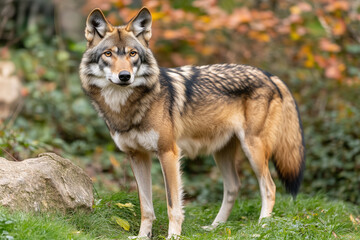 Fototapeta premium Mexican wolf standing alert in forested habitat.