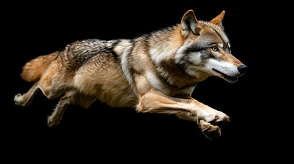 Obraz premium Gray wolf leaping in mid-air isolated on black background.