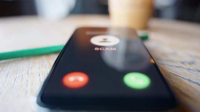 Low-angle close-up of a smartphone on a wooden table showing an incoming scam call, emphasizing the theme of caution and digital threat awareness.