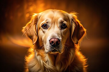 Canine portrait bathed in shadow, highlighting the golden retriever's expressive eyes.