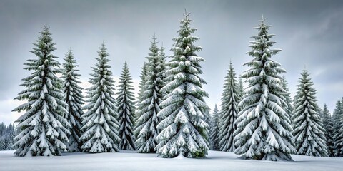 Obraz premium Snow-covered evergreen trees standing tall against a grey sky, snow covered evergreens, cold weather, frozen forest, snowfall, frosty weather