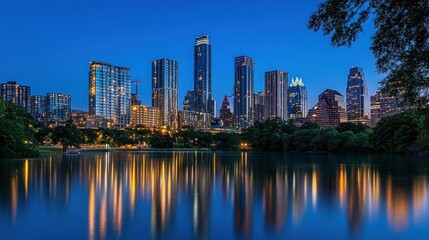 Fototapeta premium City skyline reflected in a lake at dusk.