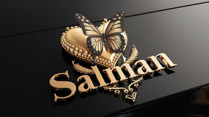 The luxurious design, embodying elegance and sophistication, is set against a sleek black background. The name "Salman" is written in a striking serif font beneath the butterfly.