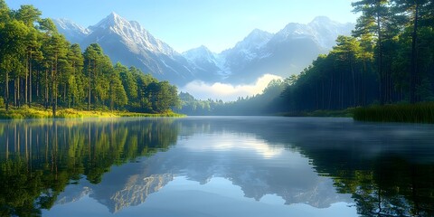 Obraz premium A serene landscape featuring a pristine lake reflecting snow-capped mountains and lush green forests in early morning light.