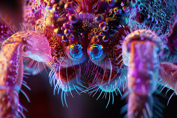 Extreme macro shot of a spider&rsquo;s face with vibrant neon lighting, showing detailed textures, hairs, and reflective, colorful eyes