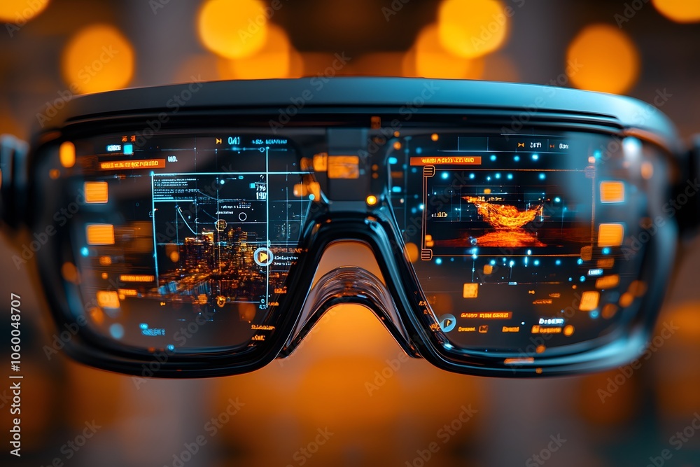 Poster futuristic augmented reality glasses displaying digital interfaces and data overlays.
