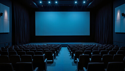 Empty modern cinema hall with blue screen, free screen in cinema hall