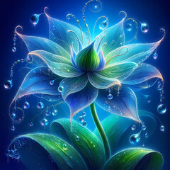 close-up illustration of a fantastical flower, with translucent petals in shades of blue and green, adorned with glistening dewdrops that capture and reflect light. 
