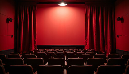 Fototapeta premium Empty red theater with curtains and seats, free screen in cinema hall
