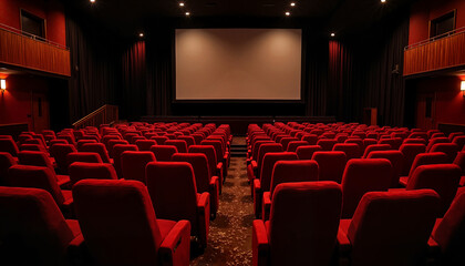 Empty movie theater with red seats and large screen, , free screen in cinema hall