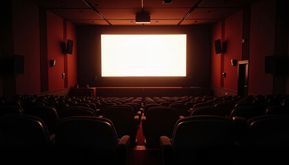 Obraz premium Empty movie theater with glowing screen in dark room, free screen in cinema hall