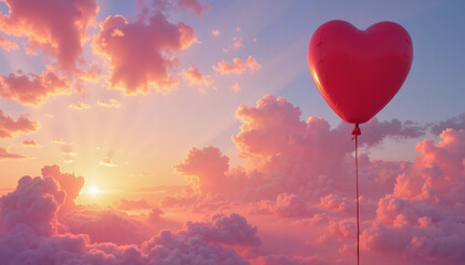 Fototapeta premium Valentine's Day, Red heart balloon floating in vibrant sunset sky