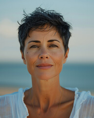 Confident senior Caucasian woman outdoors, beach background.
