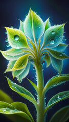 close-up illustration of a fantastical flower, with translucent petals in shades of blue and green, adorned with glistening dewdrops that capture and reflect light. 