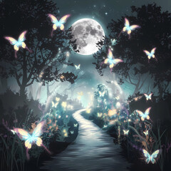 A Flirty illustration style image of a moonlit path surrounded by a mystical atmosphere. 