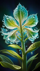 close-up illustration of a fantastical flower, with translucent petals in shades of blue and green, adorned with glistening dewdrops that capture and reflect light. 