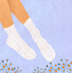 Ilustracja  białe ażurowe skarpetki na bosych nogach niebieskie jasne tło kwiaty pod stopami. Hand made drawing. © Monika