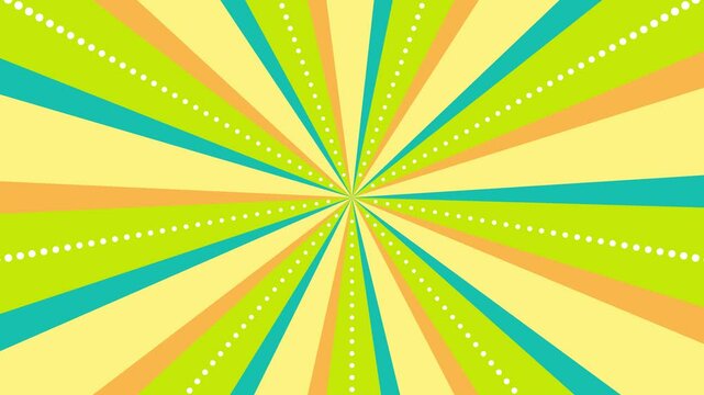 4色サンバーストとドット線のイラストが回転するループ動画（ビタミンカラー）