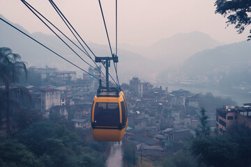 Selective focus yellow cable car incline to skyscraper with cityscape view, Aerial view of convenience transportation way to highland.