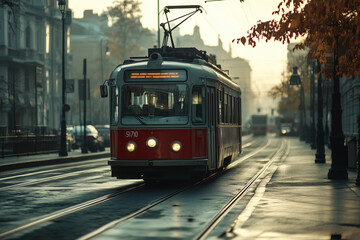 Naklejka premium Selective focus tram with headlight on railroad, Public transport with cable line on the road, Tram on the road in the middle of the town.