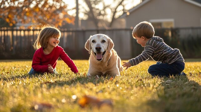 Senior rescue dog playing with kids Older dog happily playing with children in a yard