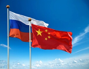 China and Russia flag fly together against blue sky background , diplomatic relationship between China and Russia. Russia and China economic and military collaborations