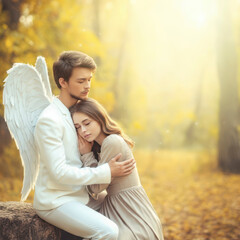 Fototapeta premium Men guardian angel protects young woman. Sleeping beauty vintage pastel color, miracle dream. Fabulous old warm yellow autumn nature. Bright sunshine light. Creative wing