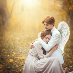 Fototapeta premium Men guardian angel protects young woman. Sleeping beauty vintage pastel color, miracle dream. Fabulous old warm yellow autumn nature. Bright sunshine light. Creative wing