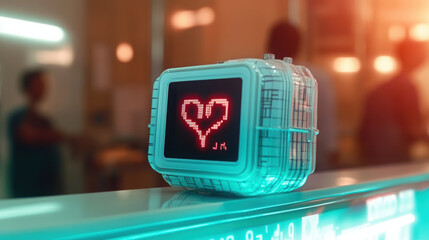 Close up of healthcare wearable device displaying heart symbol, symbolizing health monitoring and technology in medical environment