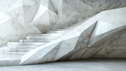 Modern architectural staircase with geometric design on a marble surface, white isolated background.