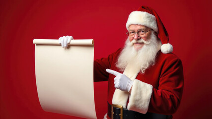 Santa Claus holding a long scroll checklist on a red holiday background. blank sheet. Space for text