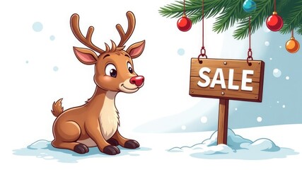 Fototapeta premium A cartoon reindeer smiles near a ÒChristmas SaleÓ sign in a winter scene.