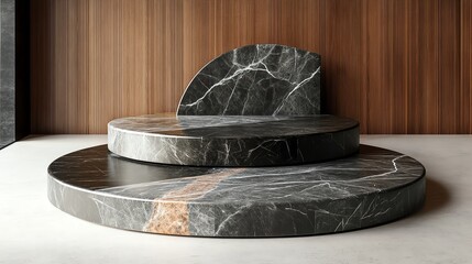 Modern marble seating arrangements against a wooden backdrop, showcasing luxury interior design elements.