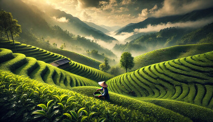 Tea Plantation Sunrise. A peaceful morning in the tea fields of Thailand