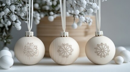 Elegant wooden christmas ornaments adorned with intricate snowflake designs for a cozy holiday atmosphere