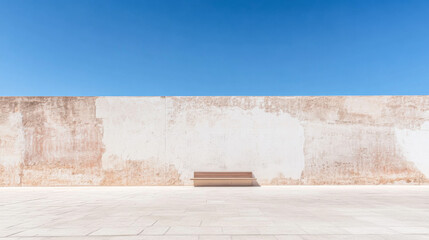 A minimalist wall with a wooden bench under a clear blue sky at a serene outdoor space