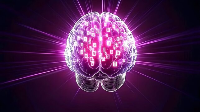 Code Cascade: The brain emits a cascade of glowing symbols&mdash;Python, Java, C++&mdash;as if unraveling secrets. 