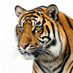 Obraz premium close up portrait of a tiger with orange and black stripes against a white background looking to the side with intense eyes in a zoo wildlife animal predator nature danger