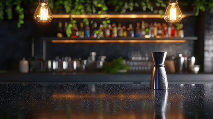 stylish modern cocktail jigger on bar counter with blurred background of bottles and warm lighting, creating vibrant atmosphere for mixology enthusiasts